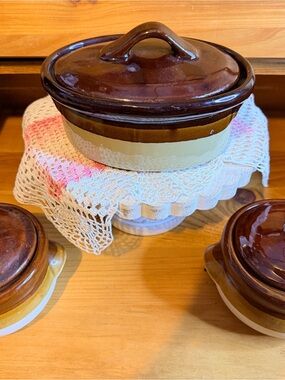 Brown and Cream Stoneware Covered Casserole Dish
